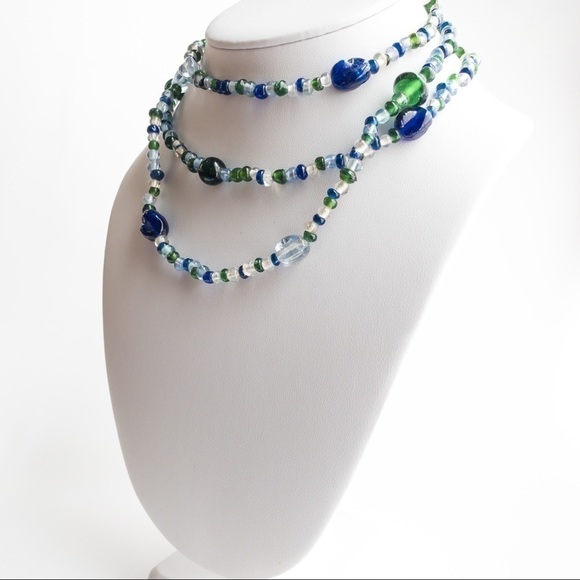Vintage Coro Necklace Beaded Glass Long Flapper Necklace Blue Green Clear - Picture 4 of 10